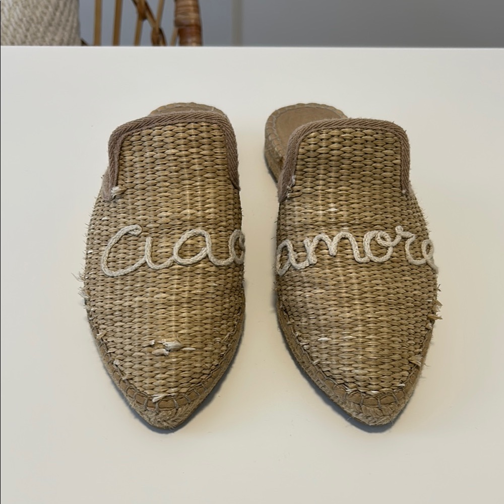 Woven Tan Mules with Embroidered Text